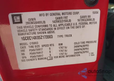 2005 Chevrolet Silverado 1500 Work Truck from USA, damaged, VIN 1GCEC14X05Z173563